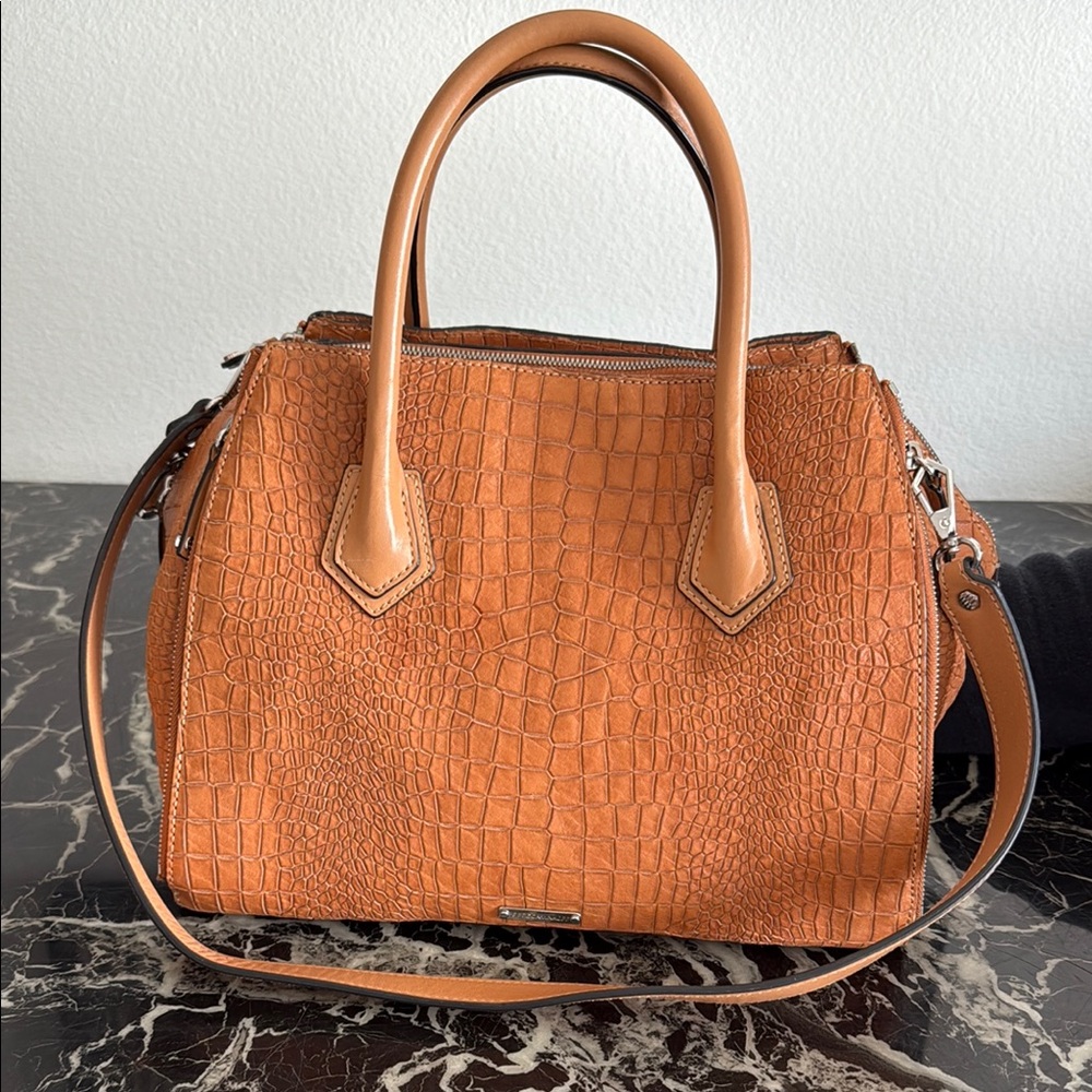 Rebecca Minkoff Tan Satchel Bag with Croc-Embossed Finish